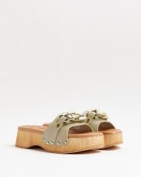 RIVER ISLAND GREEN CHAIN DETAIL LEATHER CLOGS / wooden platform sandals