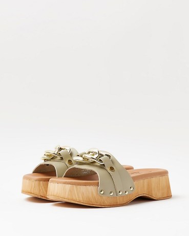 RIVER ISLAND GREEN CHAIN DETAIL LEATHER CLOGS / wooden platform sandals - flipped
