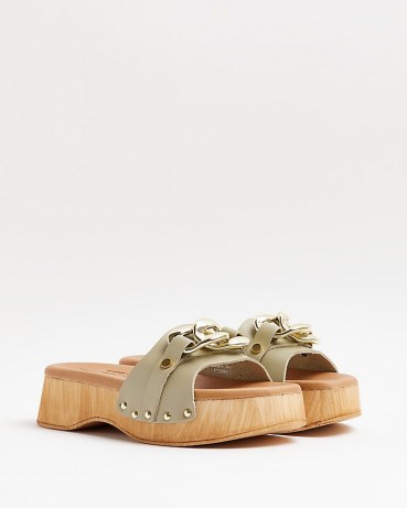 RIVER ISLAND GREEN CHAIN DETAIL LEATHER CLOGS / wooden platform sandals