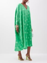 HALPERN Embellished-cuff polka-dot satin kaftan dress / green fluid fabric dip hem dresses / fashion inspired by kaftans / bracelet style cuffs on women’s clothing / MATCHESFASHION / jewellery attached fashion