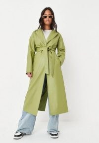 MISSGUIDED green faux leather belted trench coat ~ women’s tie waist coats ~ affordable luxe