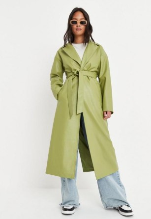 MISSGUIDED green faux leather belted trench coat ~ women’s tie waist coats ~ affordable luxe - flipped