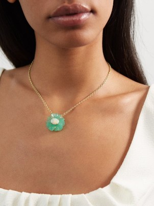IRENE NEUWIRTH Tropical Flower opal, chrysoprase & gold necklace / green floral pendant necklaces / luxe jewellery - flipped