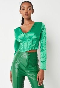 MISSGUIDED green plunge satin corset top ~ cropped fitted bodice tops ~ crop hem ~ plunging neckline