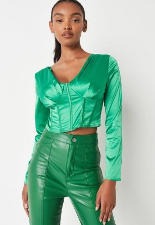 MISSGUIDED green plunge satin corset top ~ cropped fitted bodice tops ~ crop hem ~ plunging neckline