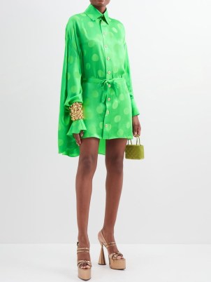 HALPERN Polka-dot satin mini shirt dress ~ green swing back detail dresses ~ fluid fabric occasion clothes ~ women’s designer event wear ~ embellished cuff detail ~ MATCHESFASHION - flipped