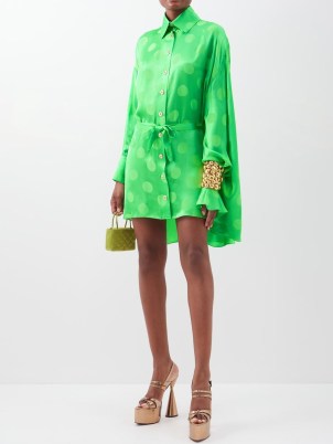HALPERN Polka-dot satin mini shirt dress ~ green swing back detail dresses ~ fluid fabric occasion clothes ~ women’s designer event wear ~ embellished cuff detail ~ MATCHESFASHION