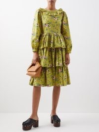 BATSHEVA Welsh floral-print tiered cotton-poplin dress ~ green ruffled vintage inspired layered hem dresses