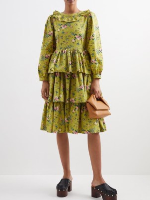 BATSHEVA Welsh floral-print tiered cotton-poplin dress ~ green ruffled vintage inspired layered hem dresses - flipped