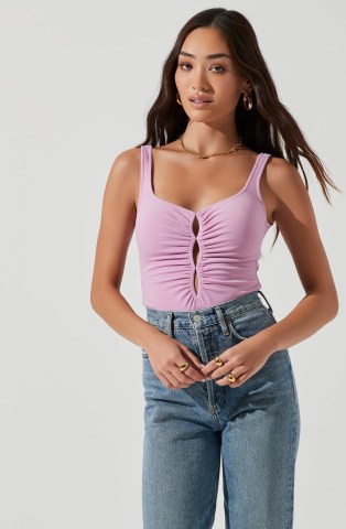 ASTR THE LABEL HIGHGROVE RUCHED FRONT CUTOUT BODYSUIT ~ women’s pink gathered cut out detail bodysuits