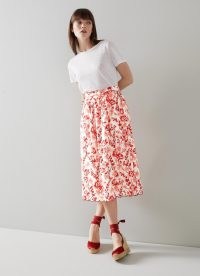 L.K. BENNETT Hodgkin White Cotton English Rose Print Skirt / tie waist floral print scalloped hem skirts / feminine summer fashion