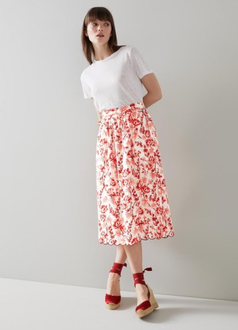 L.K. BENNETT Hodgkin White Cotton English Rose Print Skirt / tie waist floral print scalloped hem skirts / feminine summer fashion