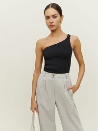 REFORMATION AVA Holly Linen Top Black ~ one shoulder tops with a ruched scrunchie style strap ~ asymmetric summer clothes