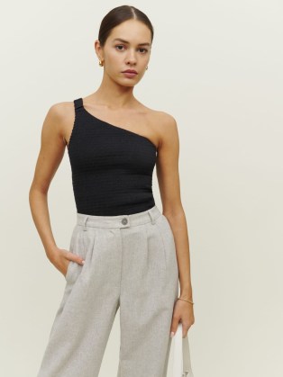 REFORMATION AVA Holly Linen Top Black ~ one shoulder tops with a ruched scrunchie style strap ~ asymmetric summer clothes - flipped