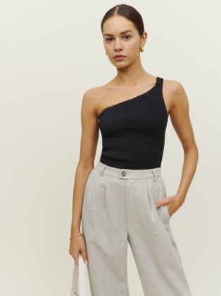 REFORMATION AVA Holly Linen Top Black ~ one shoulder tops with a ruched scrunchie style strap ~ asymmetric summer clothes