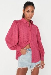 MISSGUIDED hot pink balloon sleeve broderie shirt ~ women’s long volume sleeved shirts