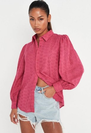 MISSGUIDED hot pink balloon sleeve broderie shirt ~ women’s long volume sleeved shirts - flipped