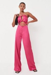 MISSGUIDED hot pink satin halterneck cut out jumpsuit ~ halter neck jumpsuits ~ glamorous going out fashion