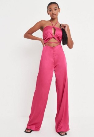 MISSGUIDED hot pink satin halterneck cut out jumpsuit ~ halter neck jumpsuits ~ glamorous going out fashion - flipped