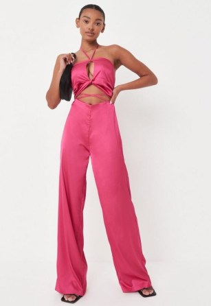 MISSGUIDED hot pink satin halterneck cut out jumpsuit ~ halter neck jumpsuits ~ glamorous going out fashion