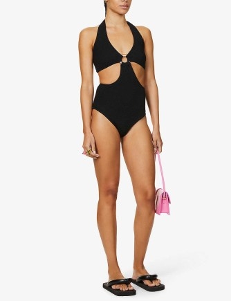 HUNZA G Ursula keyhole swimsuit – chic black cut out halterneck swimsuits – halter neck swimwear - flipped