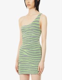 ISA BOULDER Bodywave asymmetric stretch-knitted mini dress in mint – green striped one shoulder going out dresses