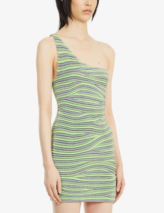 ISA BOULDER Bodywave asymmetric stretch-knitted mini dress in mint – green striped one shoulder going out dresses - flipped
