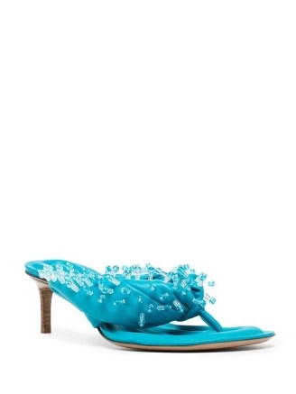 Jacquemus bead-embellished open-toe mules sky blue – luxe leather beaded mule sandals – chic toe post summer occasion shoes - flipped