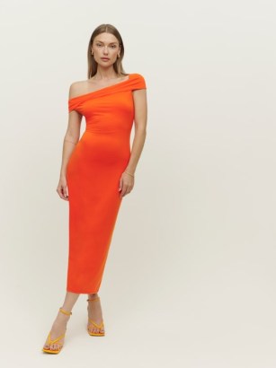REFORMATION Jamen Knit Dress in Flame / orange fitted bardot dresses - flipped