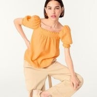 J.CREW Squareneck puff-sleeve soft gauze top Neon Mango / orange square neck smock tops / women’s summer fashion