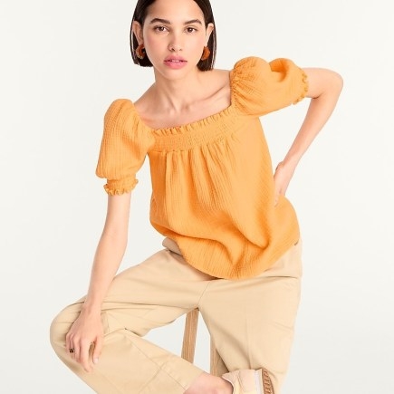 J.CREW Squareneck puff-sleeve soft gauze top Neon Mango / orange square neck smock tops / women’s summer fashion - flipped