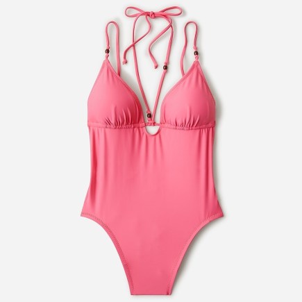 J.CREW Strappy plunge one-piece with beads in tea rose ~ pink plunging high cut leg swimsuits - flipped