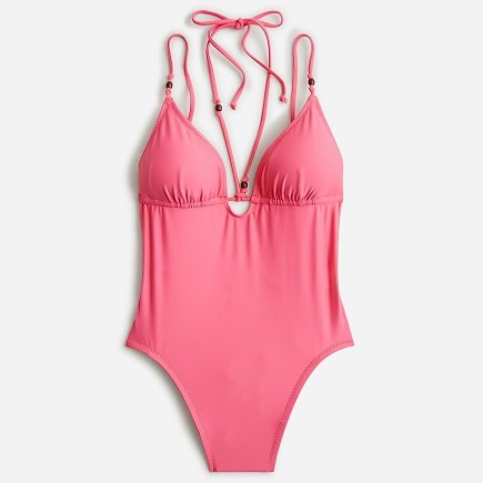 J.CREW Strappy plunge one-piece with beads in tea rose ~ pink plunging high cut leg swimsuits