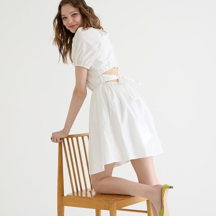 J.CREW Tie-back cotton-poplin mini dress – short puff sleeved cut out detail summer dresses - flipped