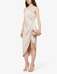 JENNY YOO Calla one-shoulder satin midi dress in Prosecco – luxe style asymmetric occasion dresses – asymmetrical party clothes