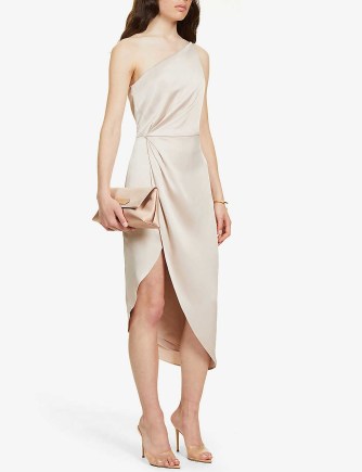 JENNY YOO Calla one-shoulder satin midi dress in Prosecco – luxe style asymmetric occasion dresses – asymmetrical party clothes - flipped