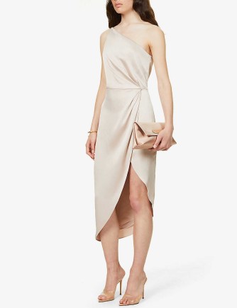 JENNY YOO Calla one-shoulder satin midi dress in Prosecco – luxe style asymmetric occasion dresses – asymmetrical party clothes