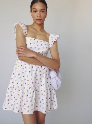 Reformation Jeune Dress in Layla / feminine square neck floral print tiered hem mini dresses / ruffled cap sleeves / women’s organic cotton summer clothes - flipped