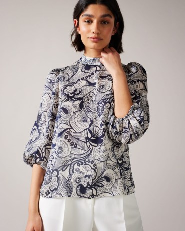 TED BAKER Johsiie Top With Stand Collar And Balloon Sleeve / elegant high neck volume sleeved tops - flipped