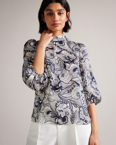 TED BAKER Johsiie Top With Stand Collar And Balloon Sleeve / elegant high neck volume sleeved tops