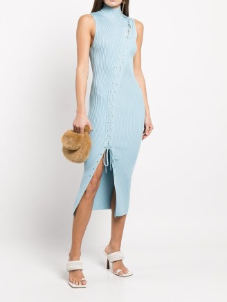 Jonathan Simkhai Ava lace-up midi dress in horizon blue | chic sleeveless high neck dresses | asymmetric rib knit bodycon - flipped