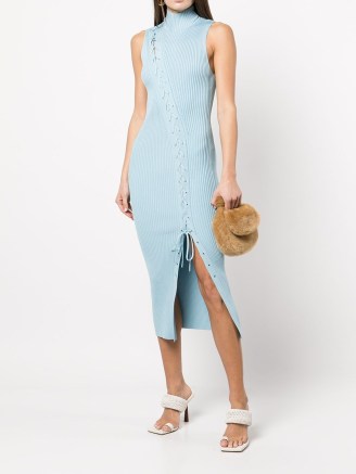 Jonathan Simkhai Ava lace-up midi dress in horizon blue | chic sleeveless high neck dresses | asymmetric rib knit bodycon