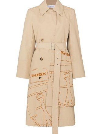 JW Anderson logo-print trench coat | women’s printed beige coats | FARFETCH womens designer outerwear | belted waist