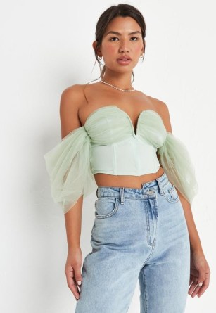 MISSGUIDED khaki tulle puff sleeve corset top ~ green crop hem bustier ~ crop hem bardot tops ~ off the shoulder fashion ~ women’s on-trend semi sheer fabric clothes - flipped