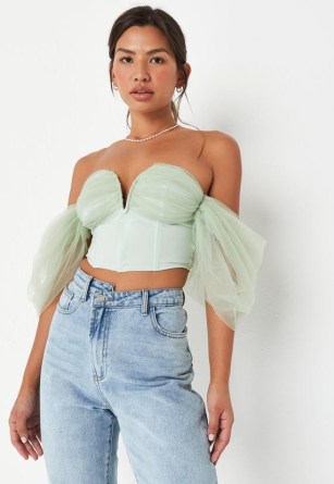 MISSGUIDED khaki tulle puff sleeve corset top ~ green crop hem bustier ~ crop hem bardot tops ~ off the shoulder fashion ~ women’s on-trend semi sheer fabric clothes
