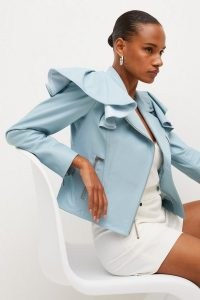 KAREN MILLEN Leather Frill Shoulder Biker Jacket Ice Blue / luxe statement jackets / oversized ruffle detail fashion / modern classic outerwear