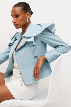 KAREN MILLEN Leather Frill Shoulder Biker Jacket Ice Blue / luxe statement jackets / oversized ruffle detail fashion / modern classic outerwear - flipped