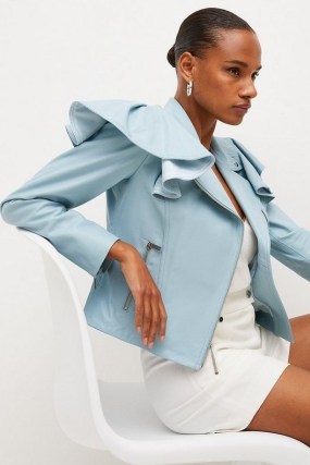KAREN MILLEN Leather Frill Shoulder Biker Jacket Ice Blue / luxe statement jackets / oversized ruffle detail fashion / modern classic outerwear