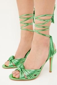 KAREN MILLEN Leather Strappy Knot Detail Heels / metallic green ankle tie occasion shoes / shiny summer occasion sandals