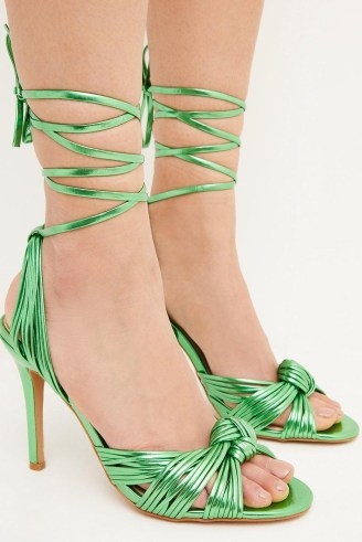 KAREN MILLEN Leather Strappy Knot Detail Heels / metallic green ankle tie occasion shoes / shiny summer occasion sandals - flipped